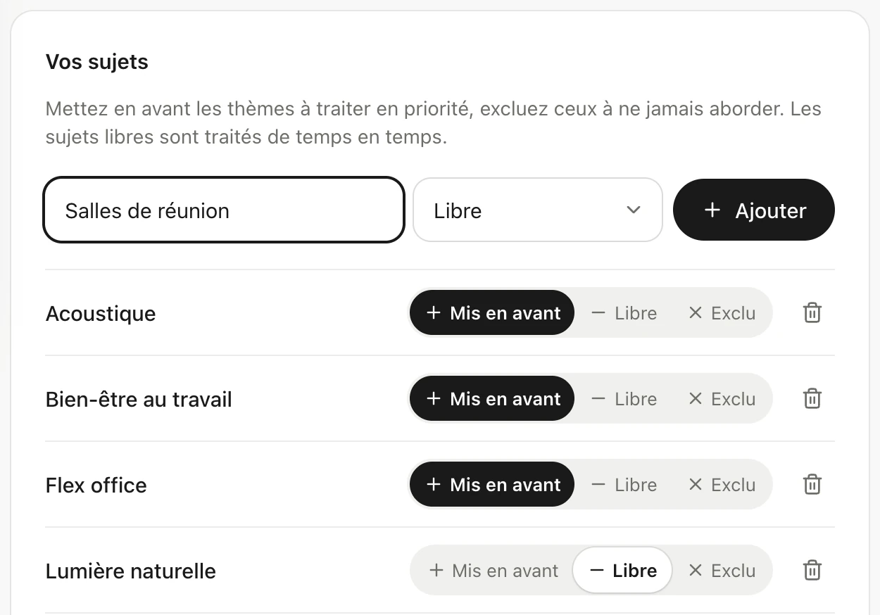 Formulaire d'ajout d'un sujet rempli avec « Salles de réunion » et le réglage « Libre », avant de cliquer sur « Ajouter »