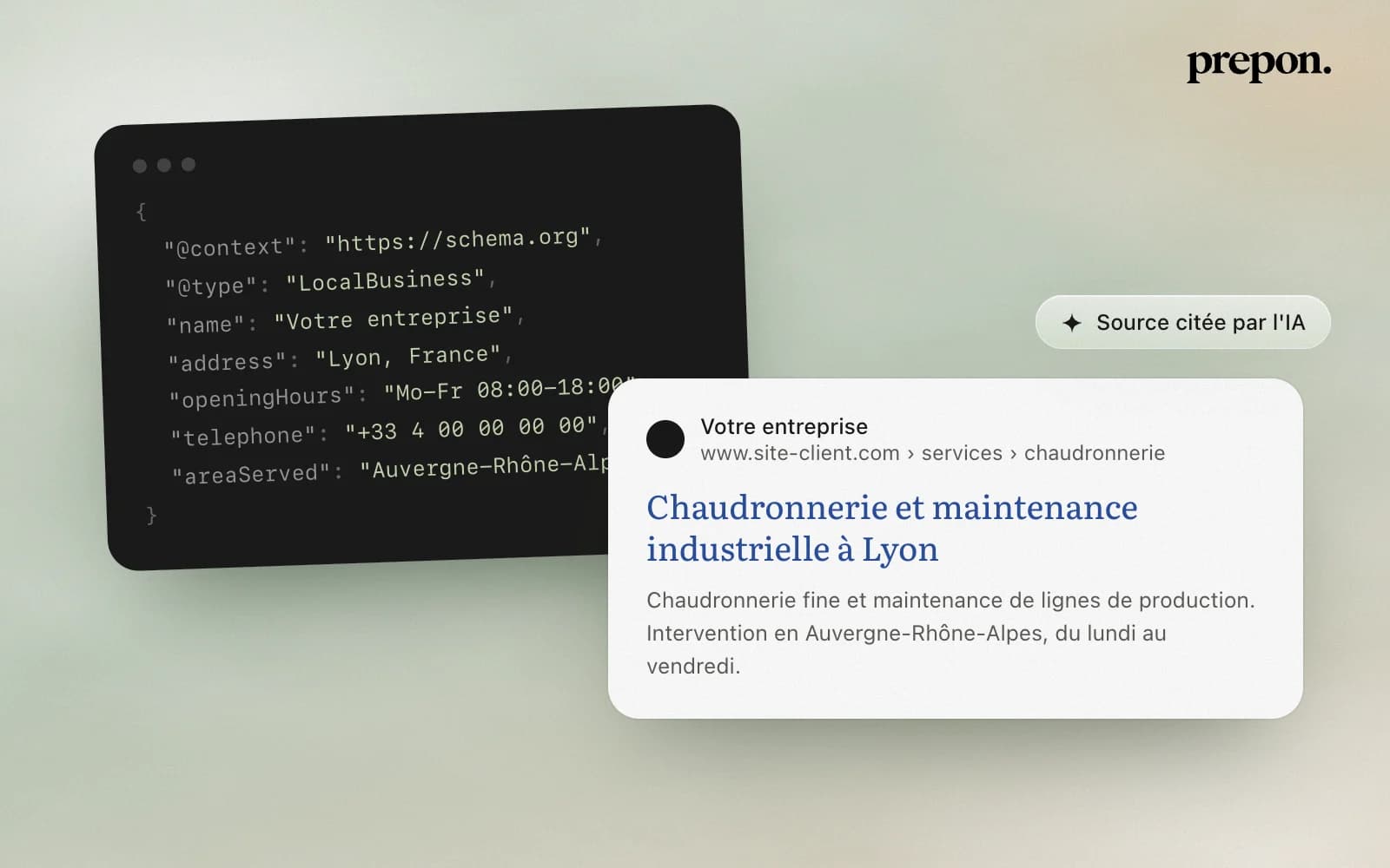 Données structurées d'une entreprise au format JSON-LD, à côté de son résultat de recherche