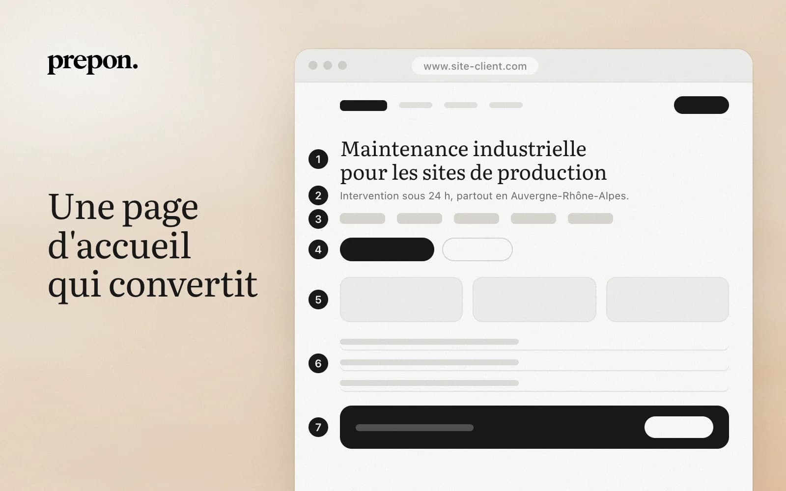 Maquette de page d'accueil annotée de sept repères numérotés
