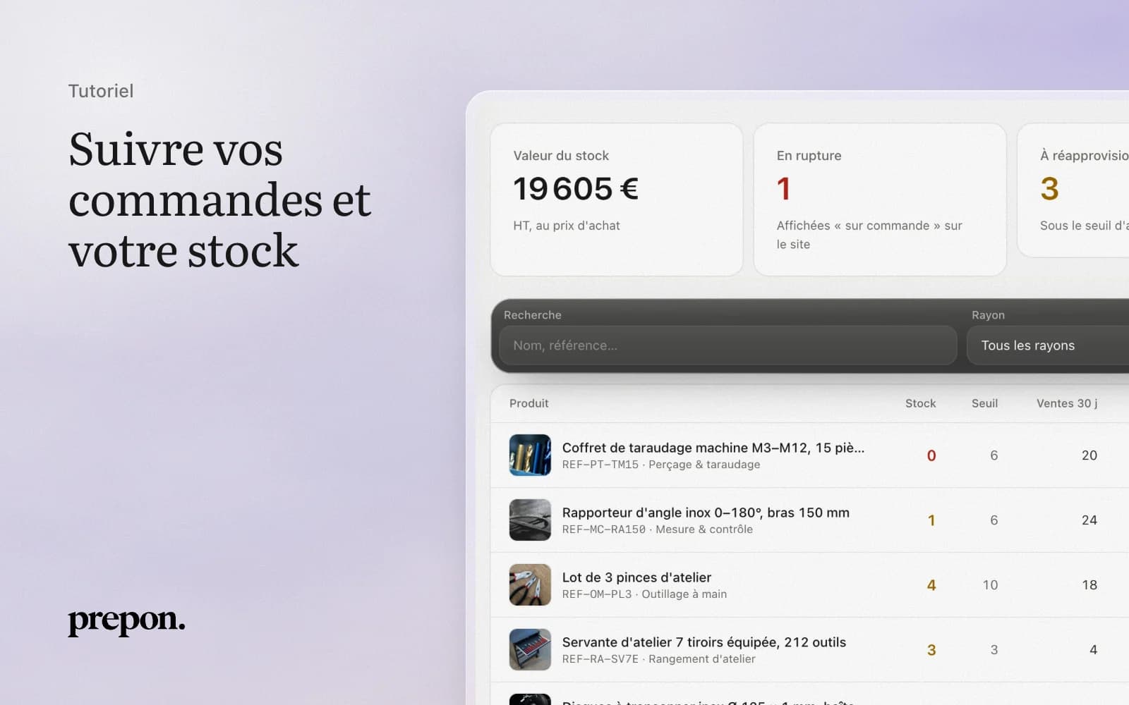 Page Stock d'un site marchand : valeur du stock, ruptures et produits à réapprovisionner