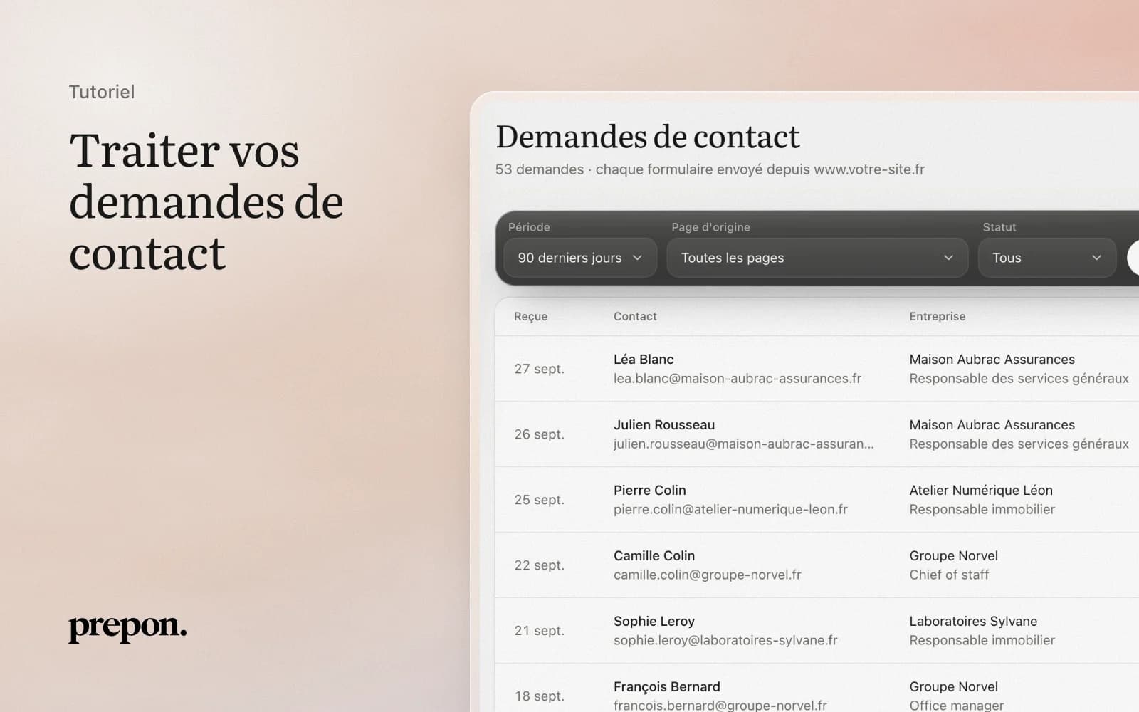 Liste des demandes de contact dans l'espace Prepon, avec filtres et bouton d'export CSV