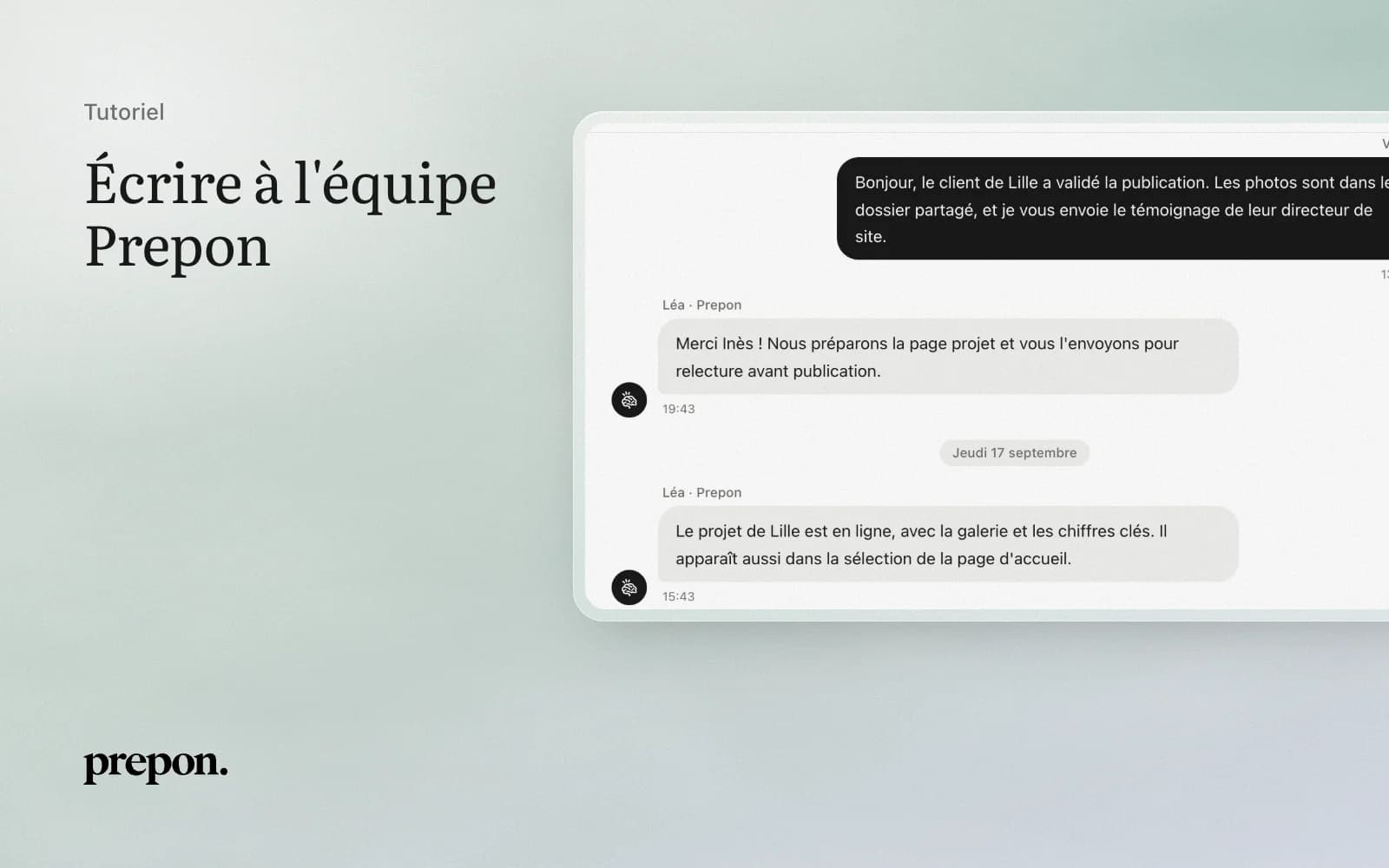 Conversation entre un client et l'équipe Prepon dans la messagerie de l'espace