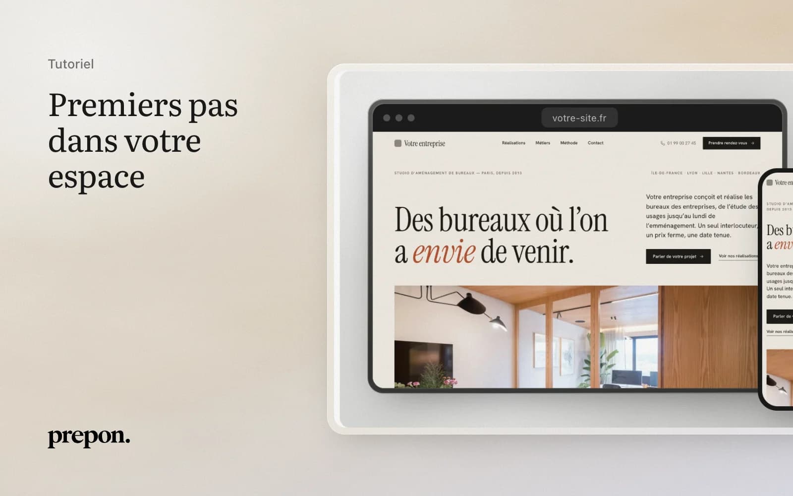 Aperçu d'un site client dans l'espace Prepon, sur ordinateur et sur téléphone