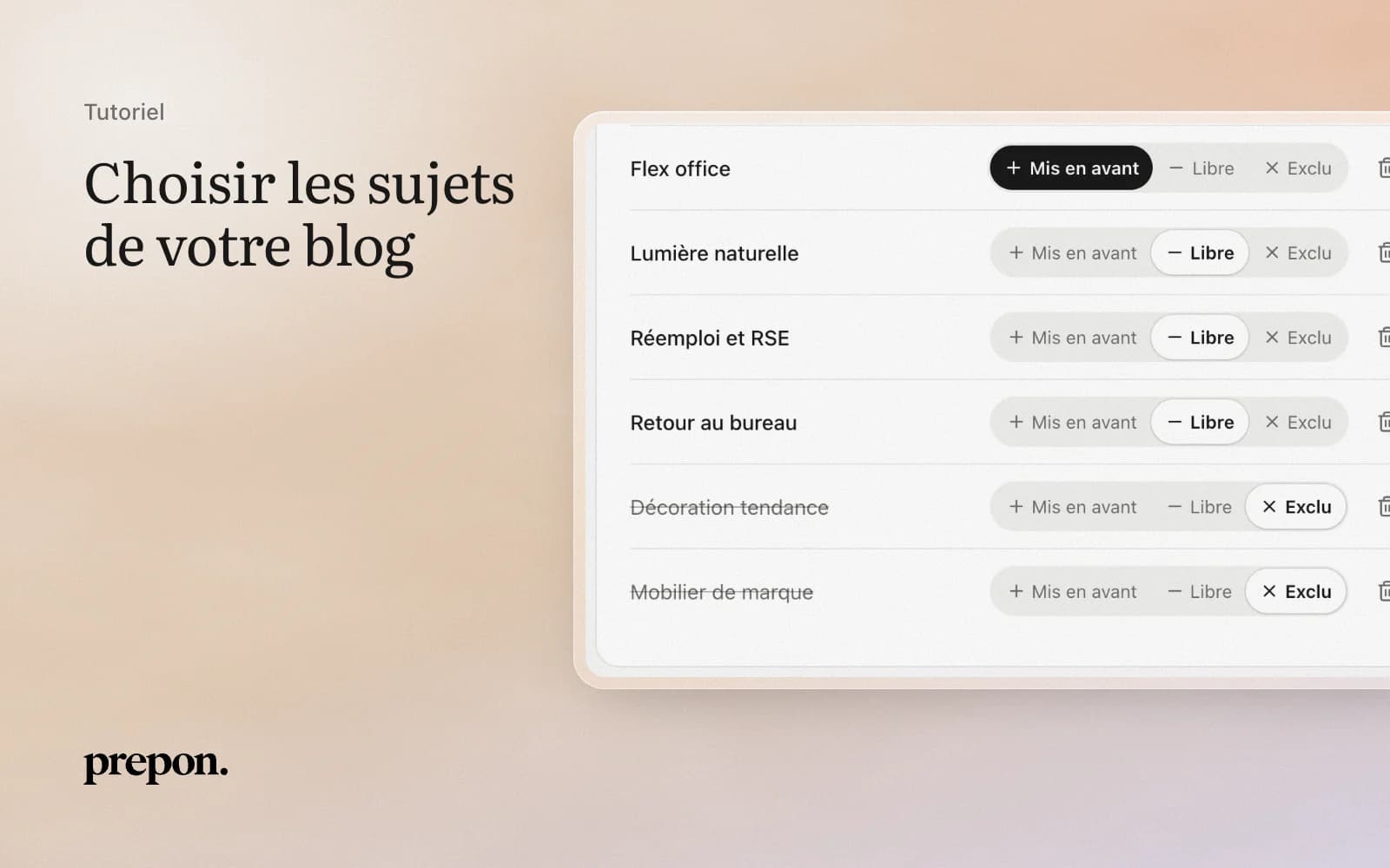 Réglage des sujets du blog : thèmes mis en avant, libres ou exclus