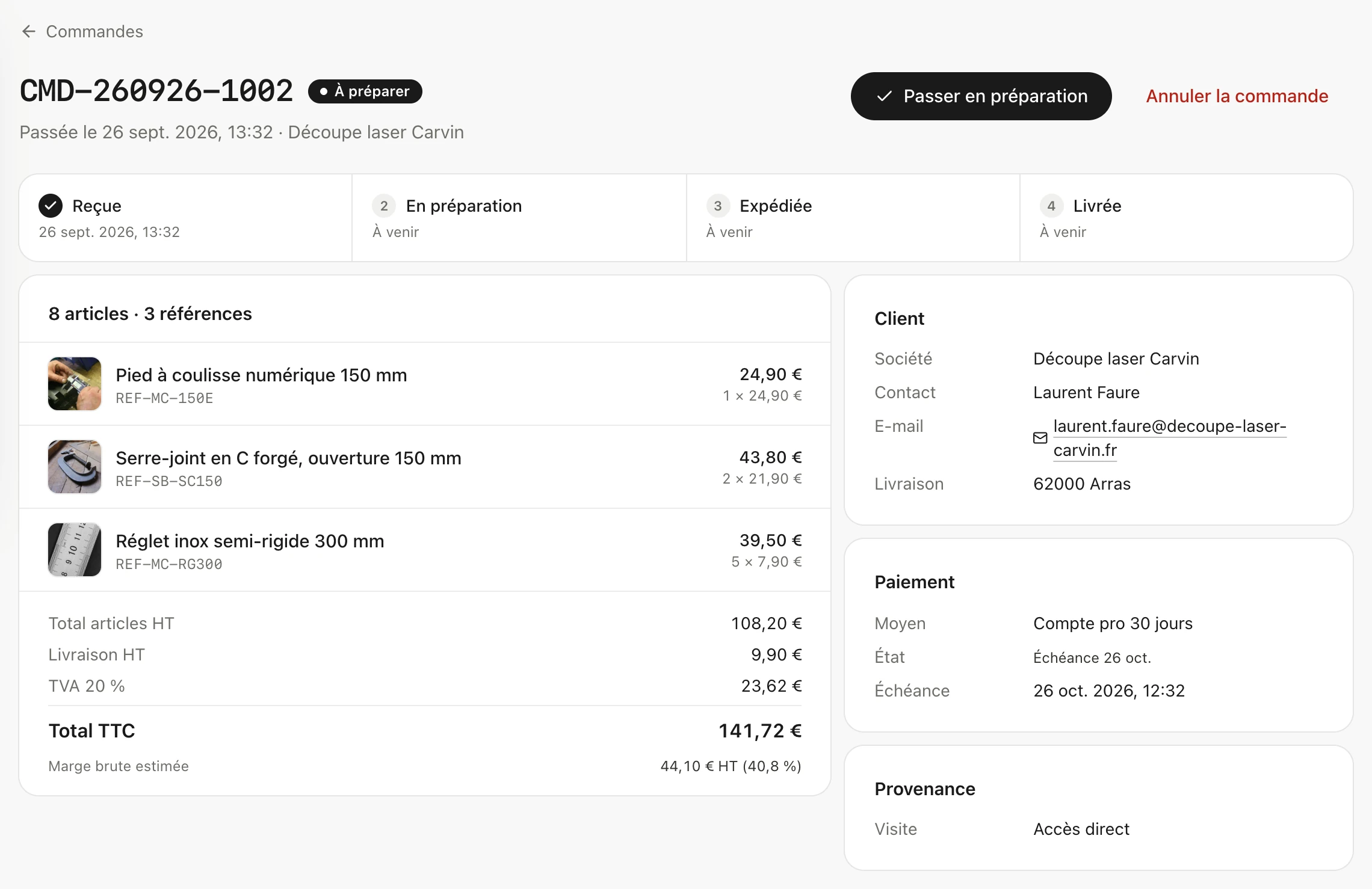 Fiche d'une commande à préparer : étapes Reçue, En préparation, Expédiée et Livrée, bouton « Passer en préparation », articles, totaux HT et TTC, client, paiement à 30 jours et provenance de la visite