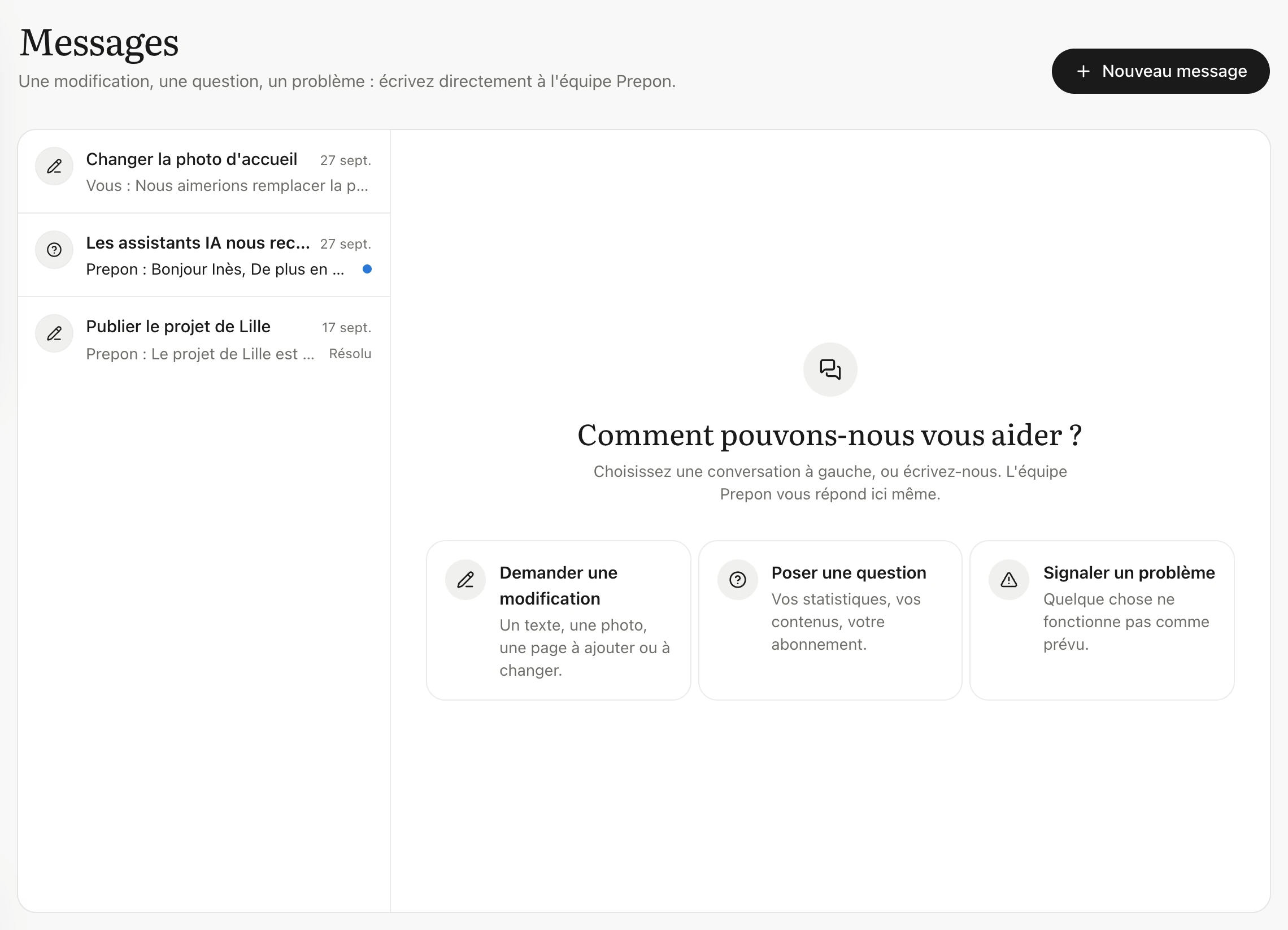 Page « Messages » : liste des conversations à gauche, et à droite les trois choix « Demander une modification », « Poser une question » et « Signaler un problème »