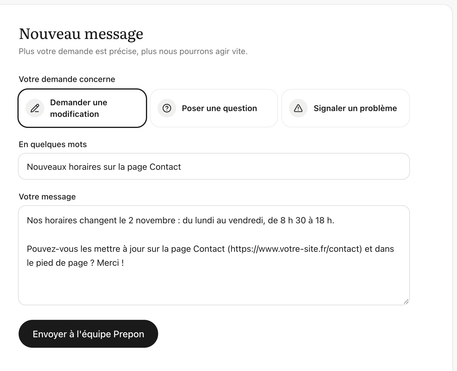 Formulaire « Nouveau message » : type « Demander une modification » sélectionné, titre « Nouveaux horaires sur la page Contact » et message précisant la page et les nouveaux horaires