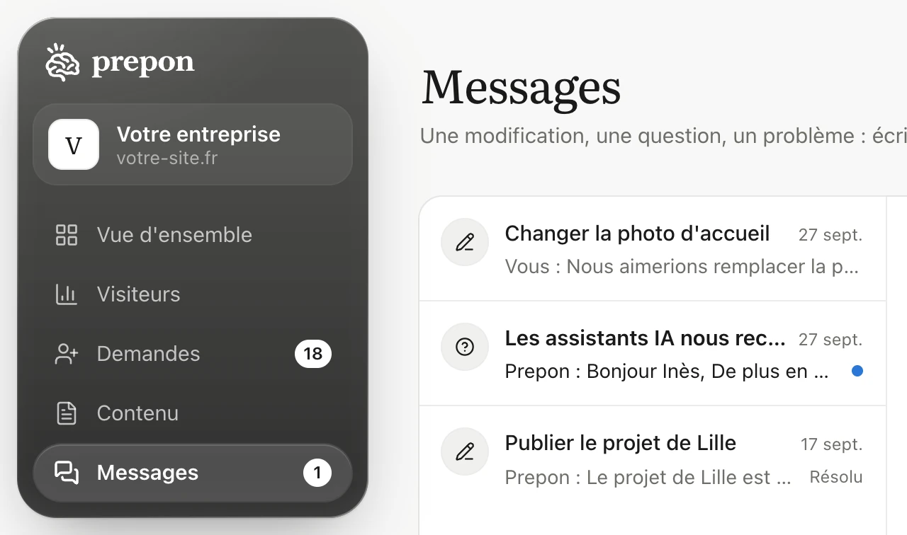 Menu avec une pastille 1 sur « Messages », et liste des conversations où une réponse non lue est signalée par un titre en gras et un point bleu