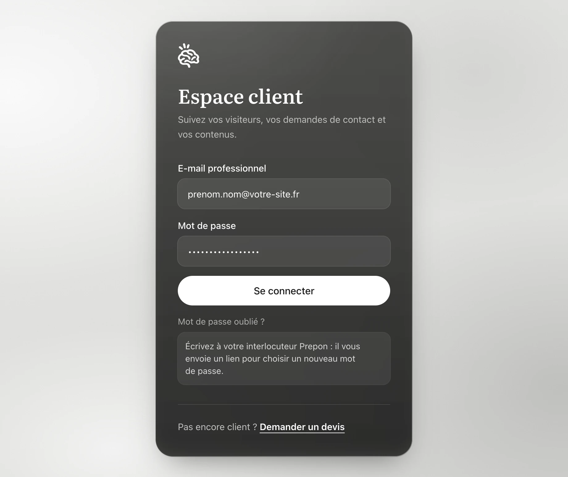 Page de connexion à l'espace client Prepon : champs « E-mail professionnel » et « Mot de passe », bouton « Se connecter » et aide « Mot de passe oublié ? » dépliée