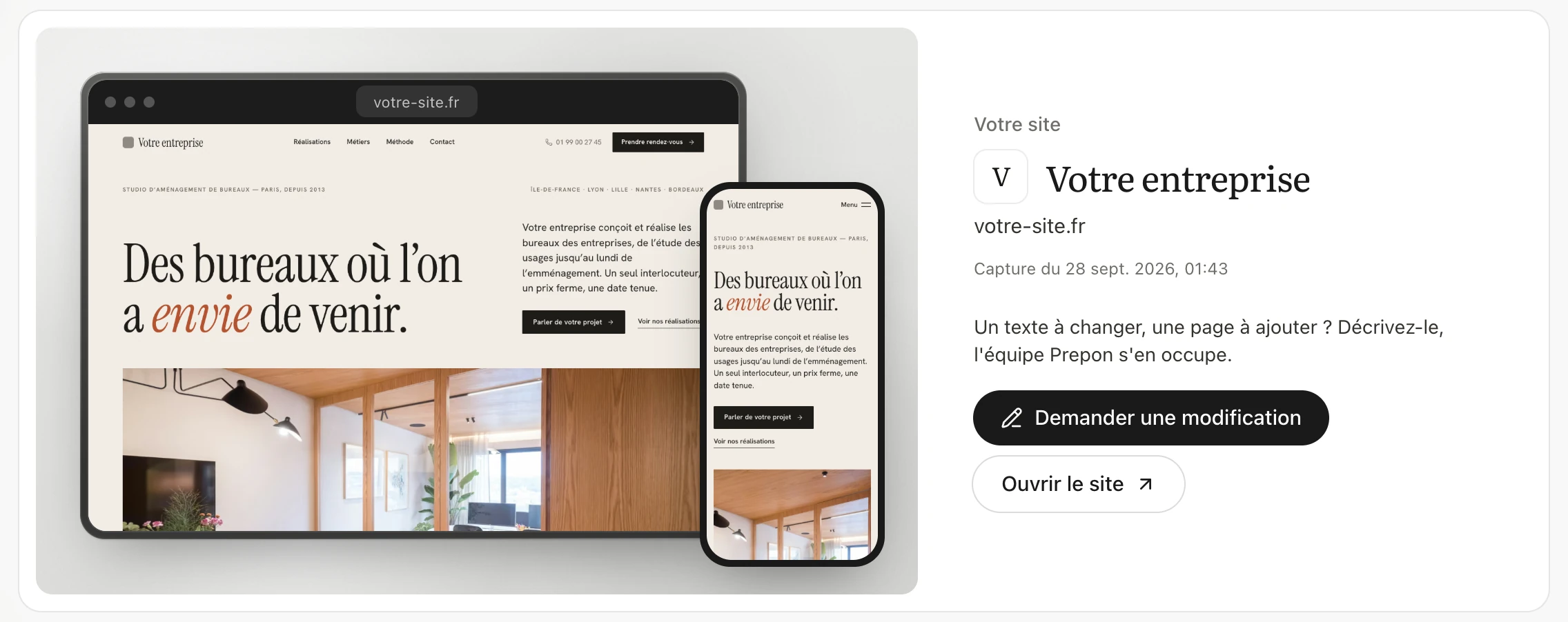 Bloc « Votre site » : capture de la page d'accueil sur ordinateur et sur téléphone, date de la capture, boutons « Demander une modification » et « Ouvrir le site »