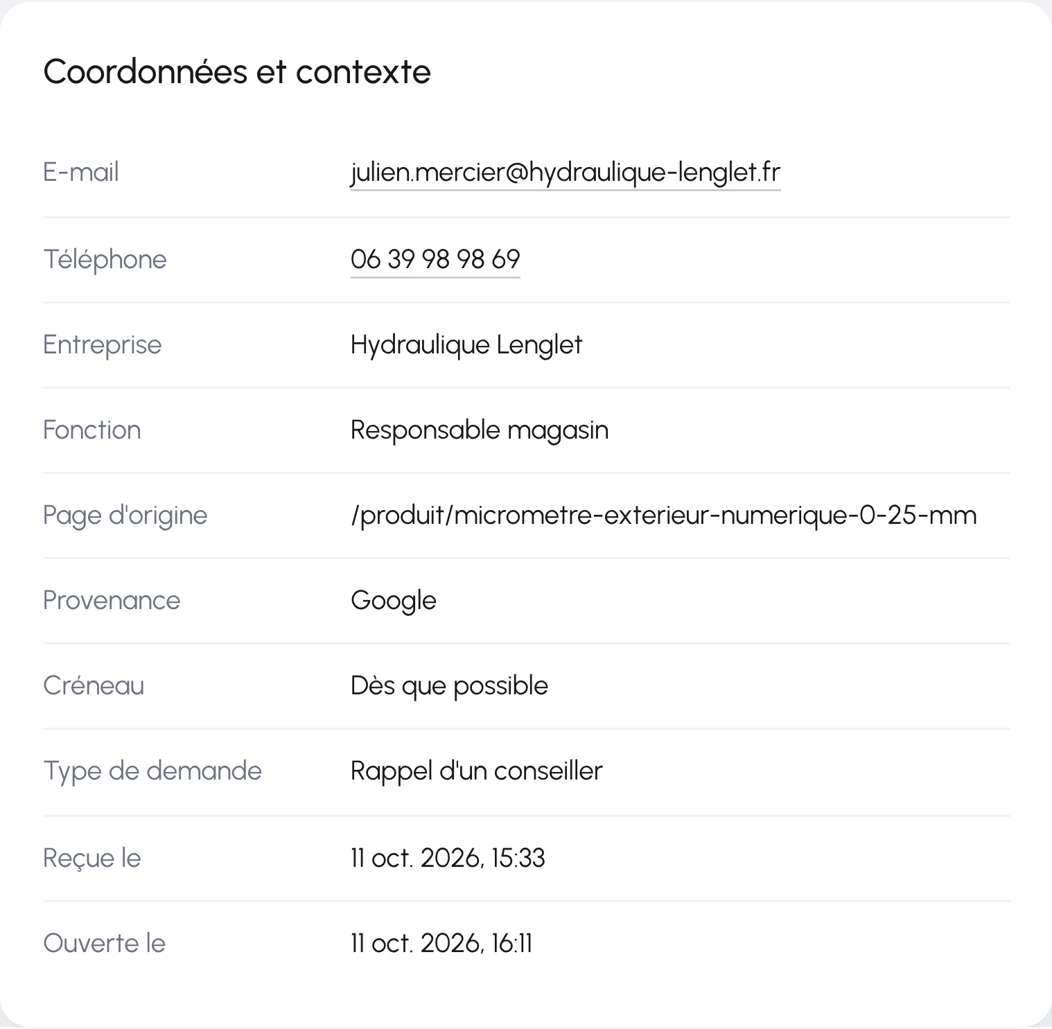 Détail d'une demande de contact : cadre « Coordonnées et contexte » avec l'e-mail, le téléphone et l'entreprise (fictifs), la fonction, la page d'origine, la provenance (Google), le créneau souhaité, le type de demande, la date de réception et la date d'ouverture
